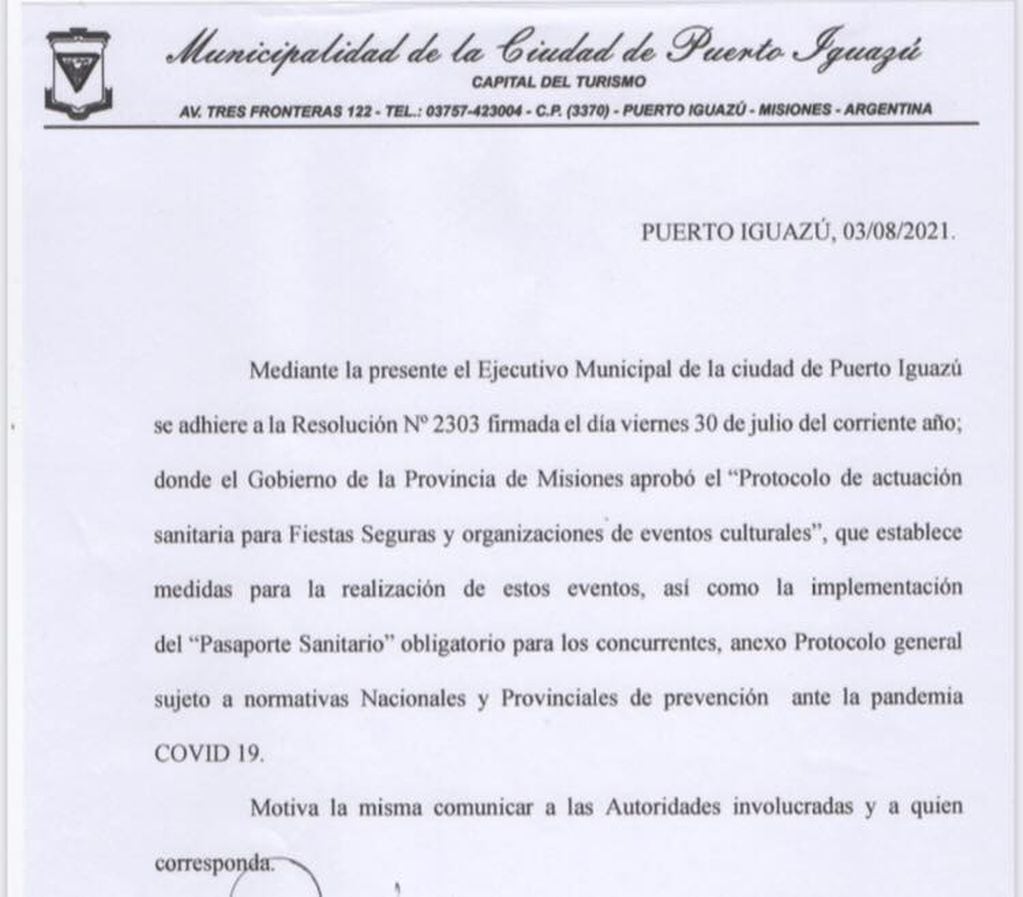 Comunicado emitido por la Municipalidad de Iguazú.