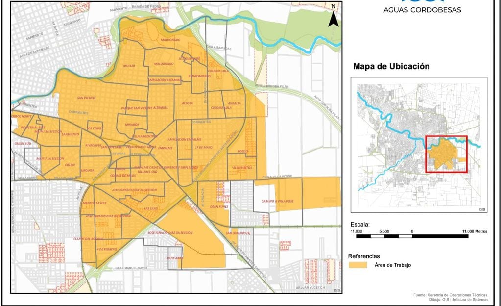El mapa de las zonas afectadas este sábado por el corte de agua en Córdoba.