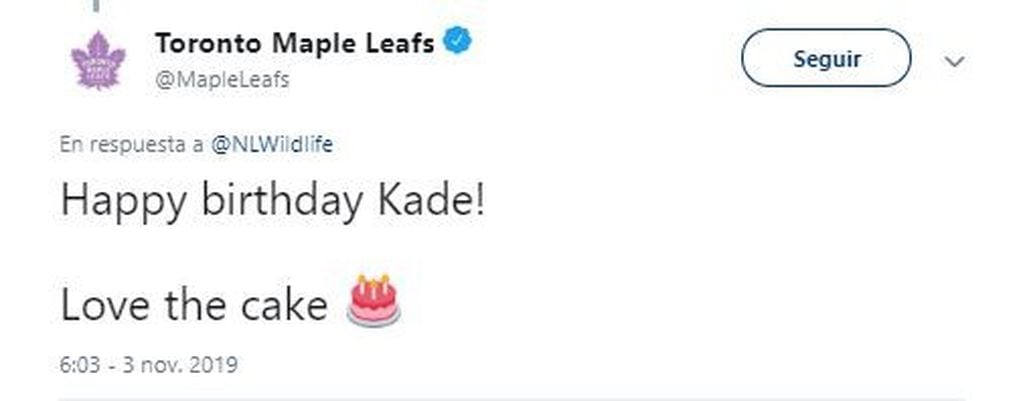 El equipo de hockey sobre hielo Toronto Maple Leafs le escribió un mensaje a Kade en Twitter (Captura de Twitter)