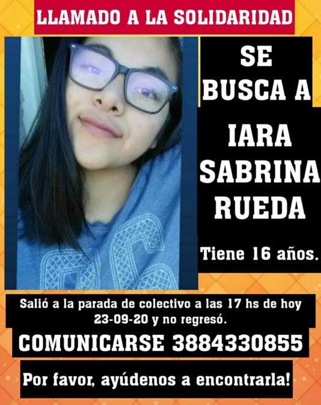 Flyer distribuido por redes sociales en el que se ve a la menor Iara Sabrina Rueda, que es buscada en Palpalá.