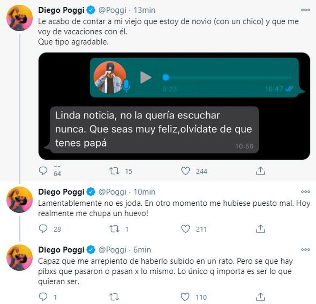 Diego Poggi reveló a través de Twitter que está de novio con un hombre y contó cuál fue la reacción de su padre.